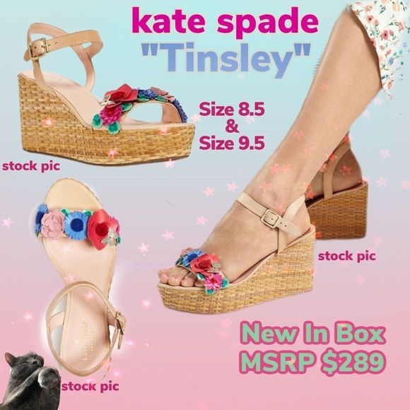 NIB $289 kate spadeTinsleyLeather Wedges with Floral Detail & Natural
